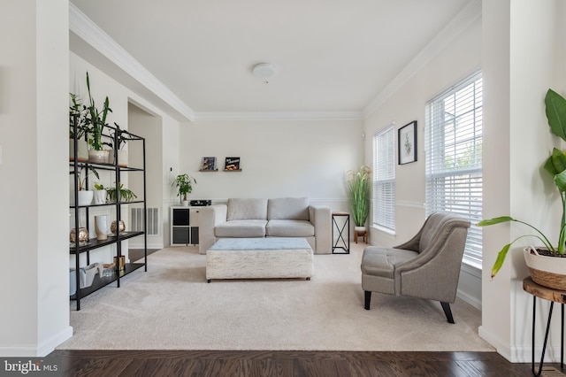 living room with hardwood / wood-style flooring and crown molding