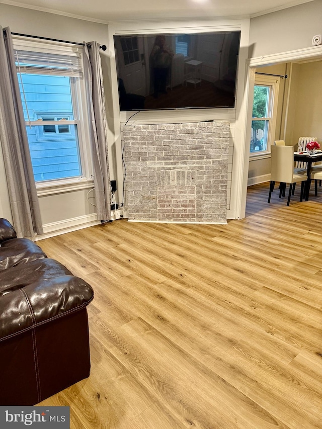 living area with baseboards, wood finished floors, and crown molding