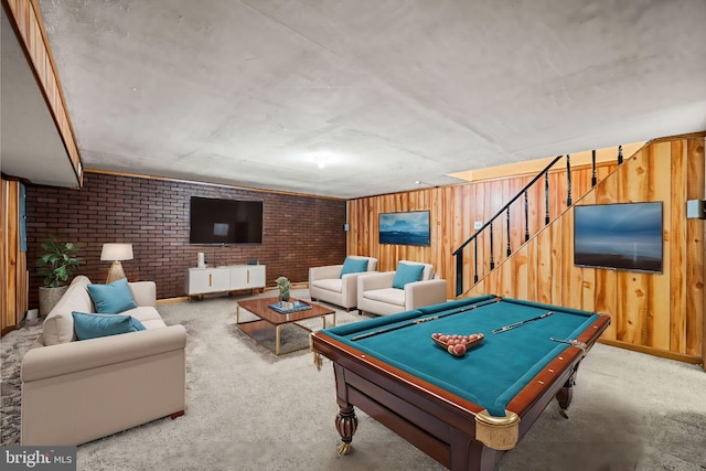 playroom featuring carpet flooring, billiards, brick wall, and wood walls