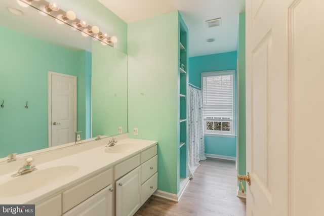 bathroom with double vanity, wood finished floors, baseboards, and a sink