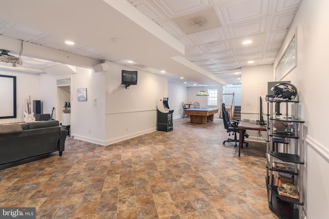 office area featuring recessed lighting and baseboards