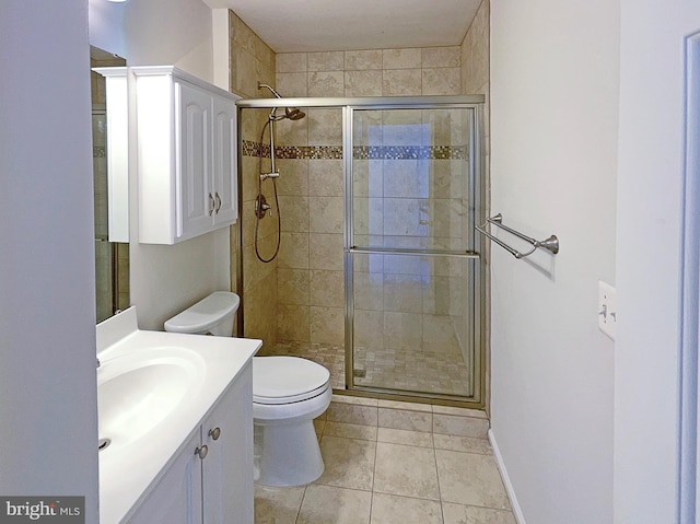 bathroom featuring vanity, an enclosed shower, tile patterned flooring, and toilet