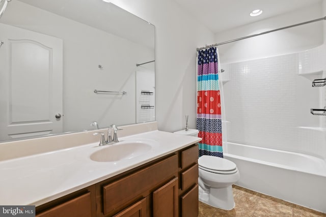 bathroom featuring toilet, shower / bath combination with curtain, and vanity