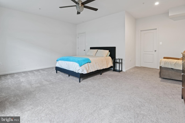 bedroom with ceiling fan, baseboards, carpet flooring, and recessed lighting