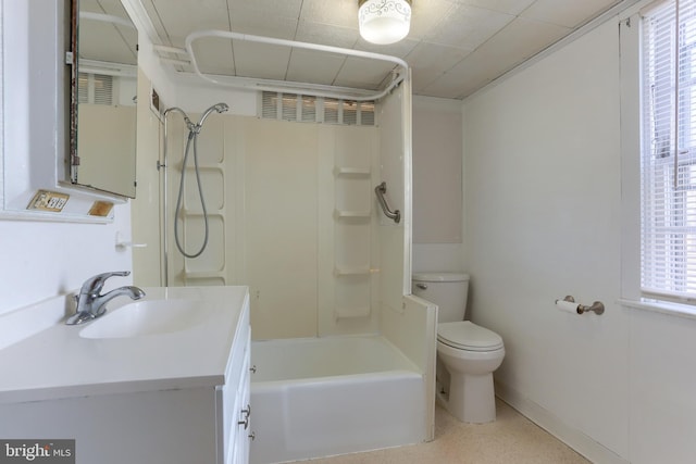 full bathroom with vanity, tub / shower combination, and toilet