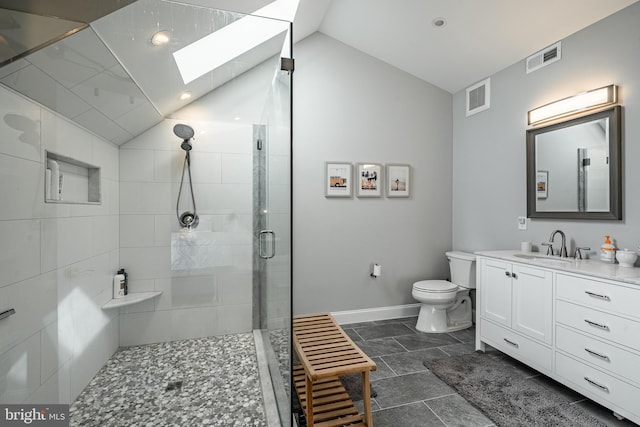 full bathroom with a stall shower, vaulted ceiling with skylight, and visible vents