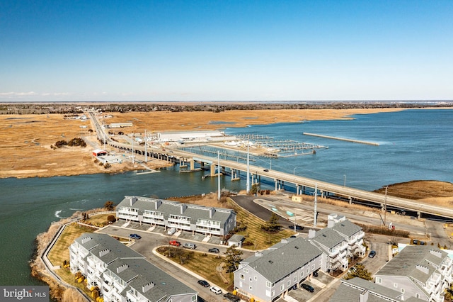 drone / aerial view featuring a water view