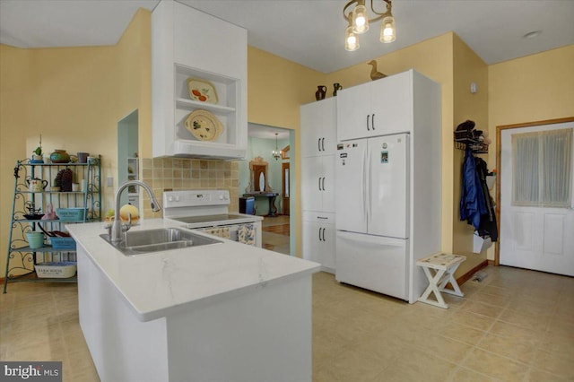 kitchen featuring sink, white cabinets, white appliances, and kitchen peninsula