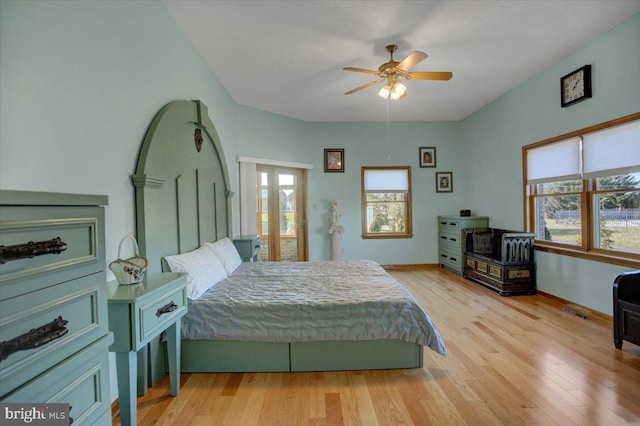 bedroom featuring ceiling fan and light wood-type flooring