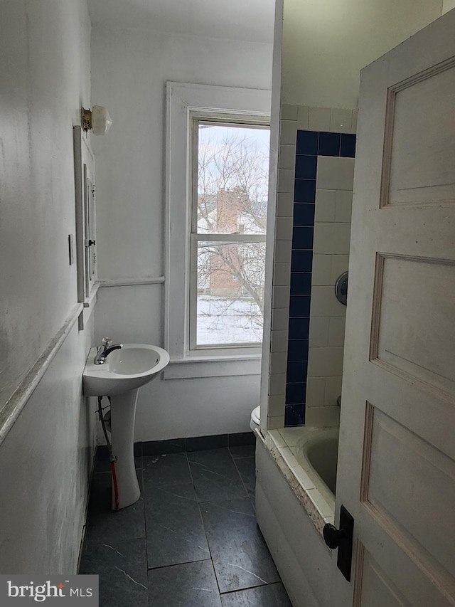 bathroom with a bath, a wealth of natural light, sink, and toilet