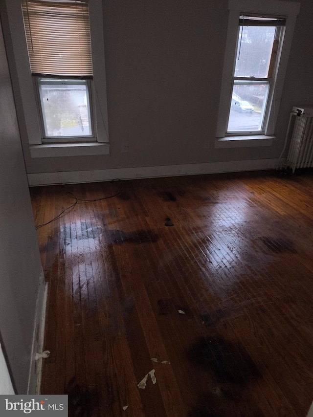 spare room with radiator, dark wood-type flooring, and a healthy amount of sunlight