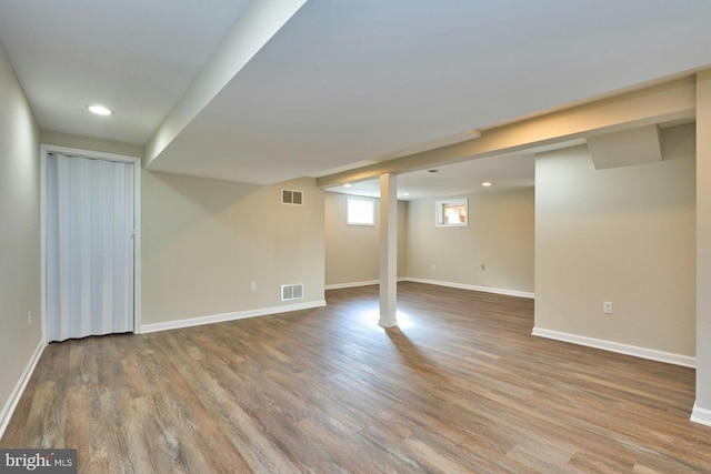 basement featuring wood-type flooring