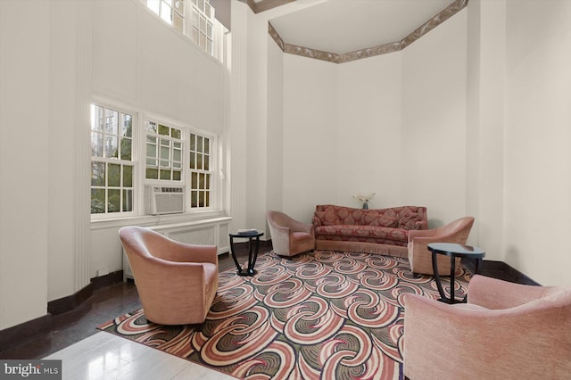 living room featuring a high ceiling, a wealth of natural light, and cooling unit