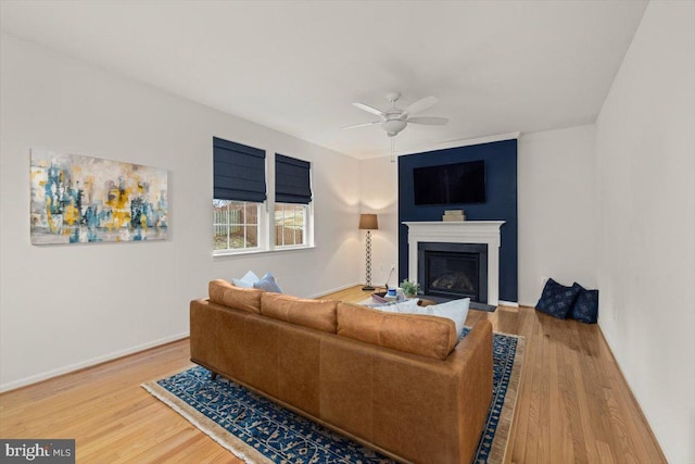 living room with ceiling fan and wood-type flooring