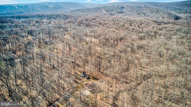 drone / aerial view with a mountain view and a view of trees