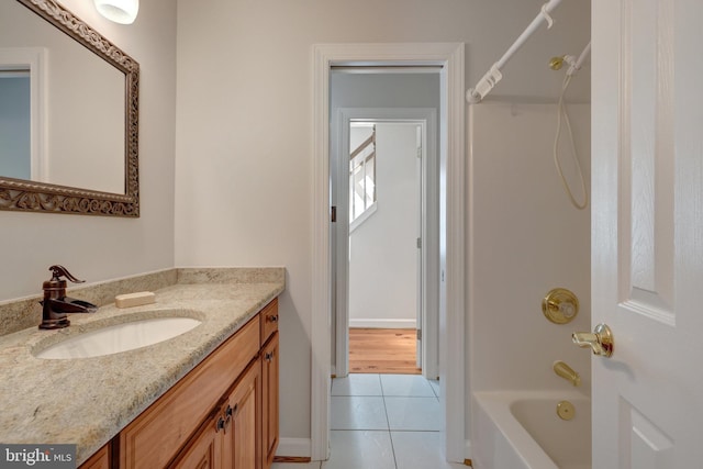 bathroom with shower / bathing tub combination, vanity, and tile patterned floors