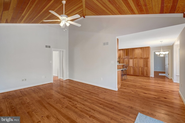 unfurnished living room featuring light wood-style flooring, wooden ceiling, and visible vents