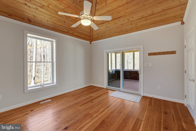 empty room with baseboards, visible vents, wooden ceiling, crown molding, and light wood-type flooring