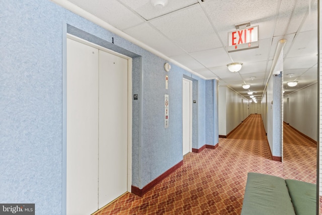 hall featuring elevator and a drop ceiling