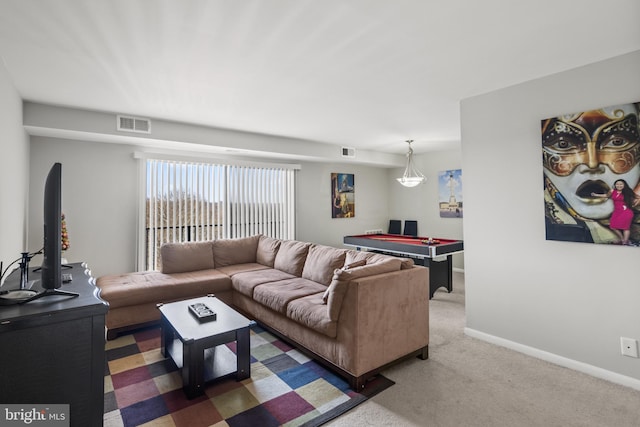 living room with pool table and carpet