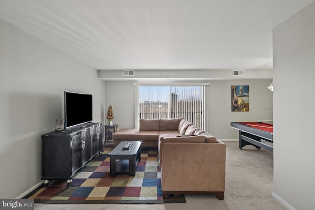 living room featuring billiards and carpet flooring