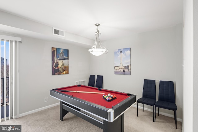 game room with pool table and carpet flooring