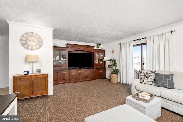 carpeted living room with a textured ceiling and crown molding