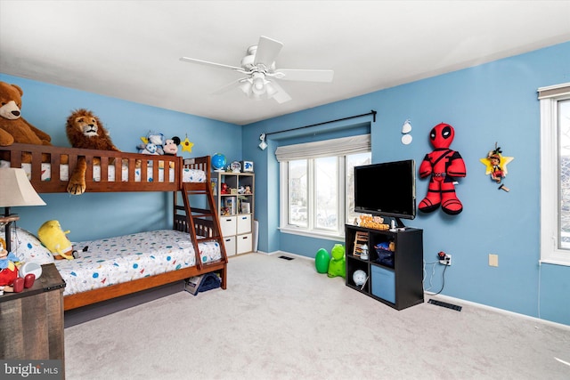 bedroom featuring carpet flooring and ceiling fan