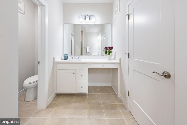 full bath featuring toilet, visible vents, baseboards, vanity, and tile patterned floors