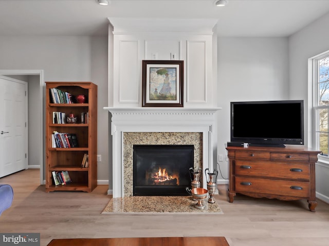 living room with light wood-type flooring and a high end fireplace