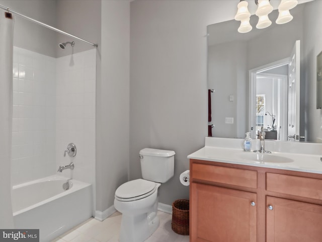 full bathroom with vanity, shower / tub combination, tile patterned floors, and toilet