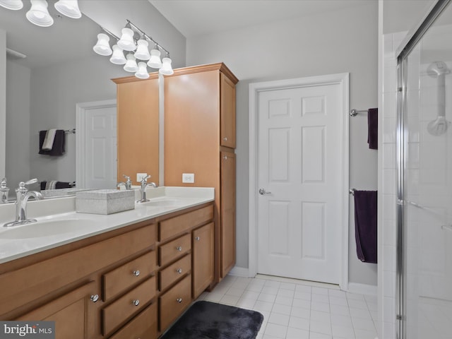 bathroom featuring tile patterned flooring, vanity, and walk in shower