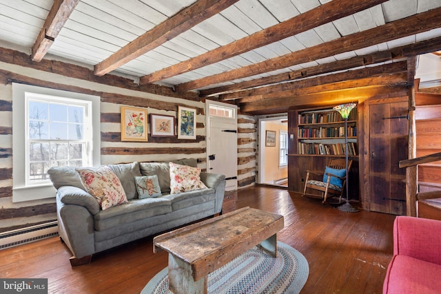 living room with wooden walls, beamed ceiling, a baseboard radiator, dark hardwood / wood-style flooring, and wooden ceiling