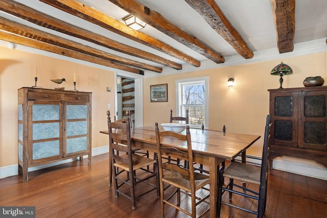 dining room with beam ceiling, hardwood / wood-style flooring, and a baseboard radiator