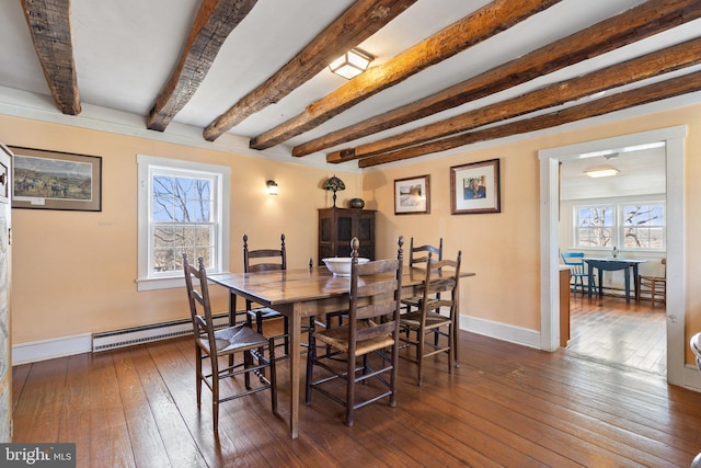 dining space featuring baseboard heating, dark hardwood / wood-style flooring, and beamed ceiling