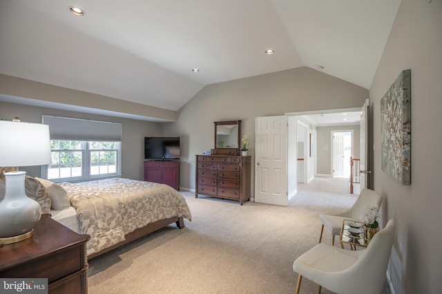 bedroom with light carpet, recessed lighting, baseboards, and vaulted ceiling