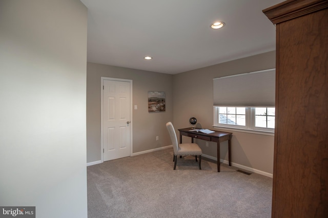 office area featuring carpet flooring, recessed lighting, visible vents, and baseboards