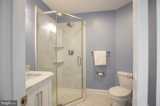 bathroom featuring baseboards, toilet, marble finish floor, and a shower stall