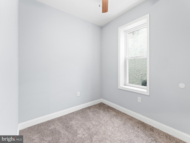 empty room featuring ceiling fan and carpet