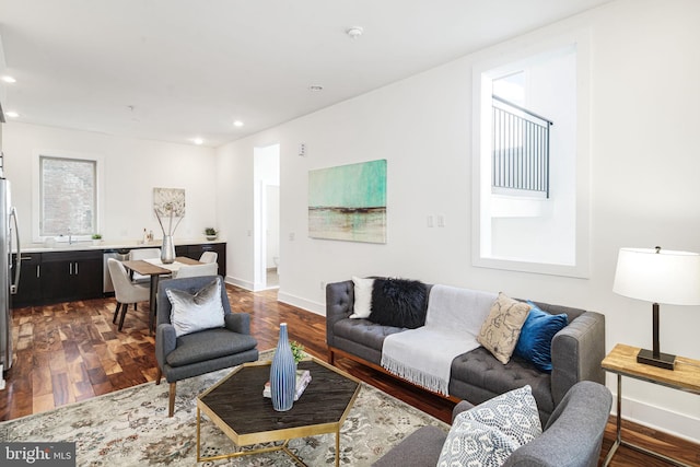 living room featuring sink and hardwood / wood-style floors