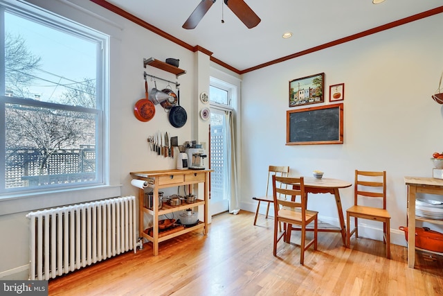 dining room with a ceiling fan, wood finished floors, radiator, crown molding, and baseboards