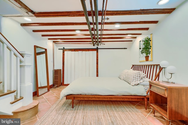 tiled bedroom with beam ceiling