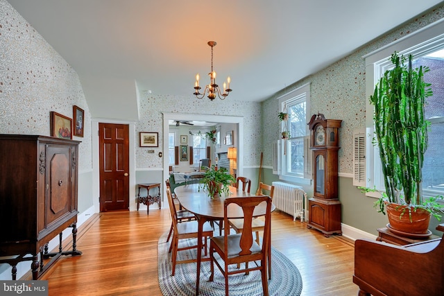 dining room with baseboards, light wood finished floors, wallpapered walls, radiator heating unit, and a chandelier