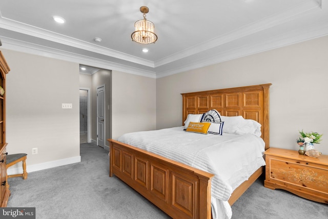 carpeted bedroom with crown molding and an inviting chandelier