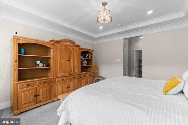 bedroom with ornamental molding, a chandelier, and light carpet