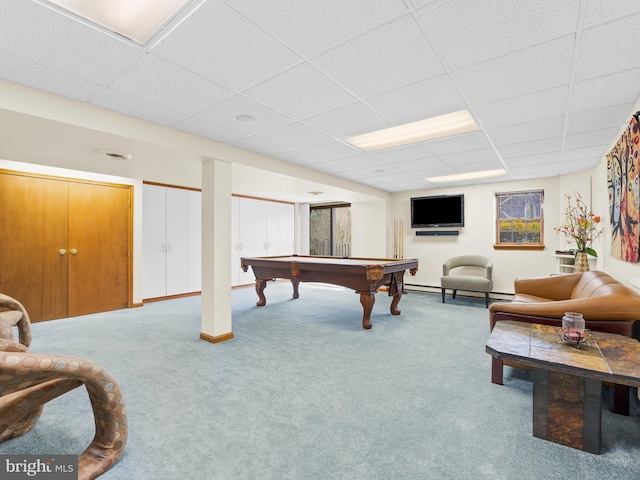 rec room with carpet floors, a drop ceiling, and billiards