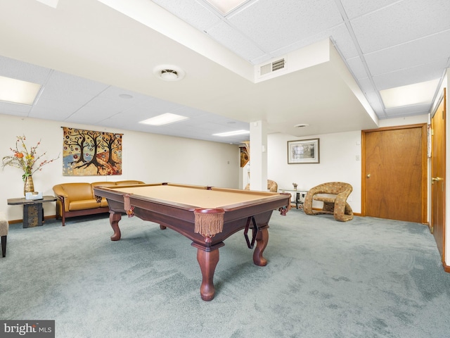 recreation room featuring a paneled ceiling, billiards, and carpet