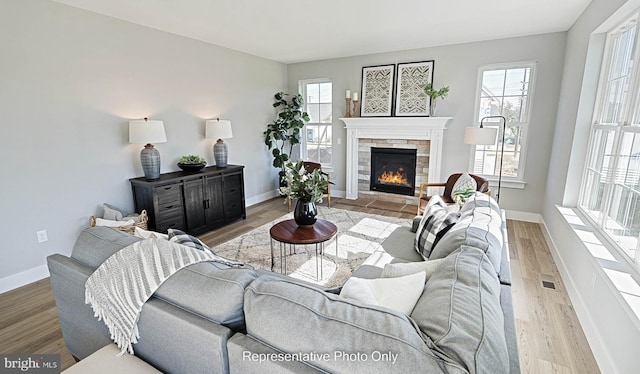 living room featuring hardwood / wood-style flooring and a fireplace