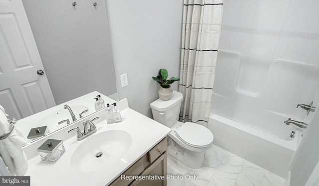 full bathroom with vanity, shower / tub combo, and toilet