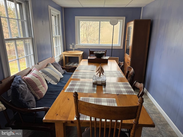 dining area with a drop ceiling and wooden walls